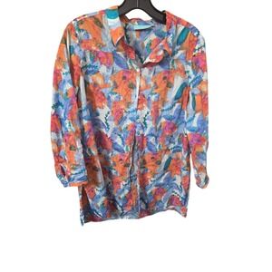 Blue Illusion Shirt L Large Tropical Floral Orange Blue Pink Roll Tab Sleeve